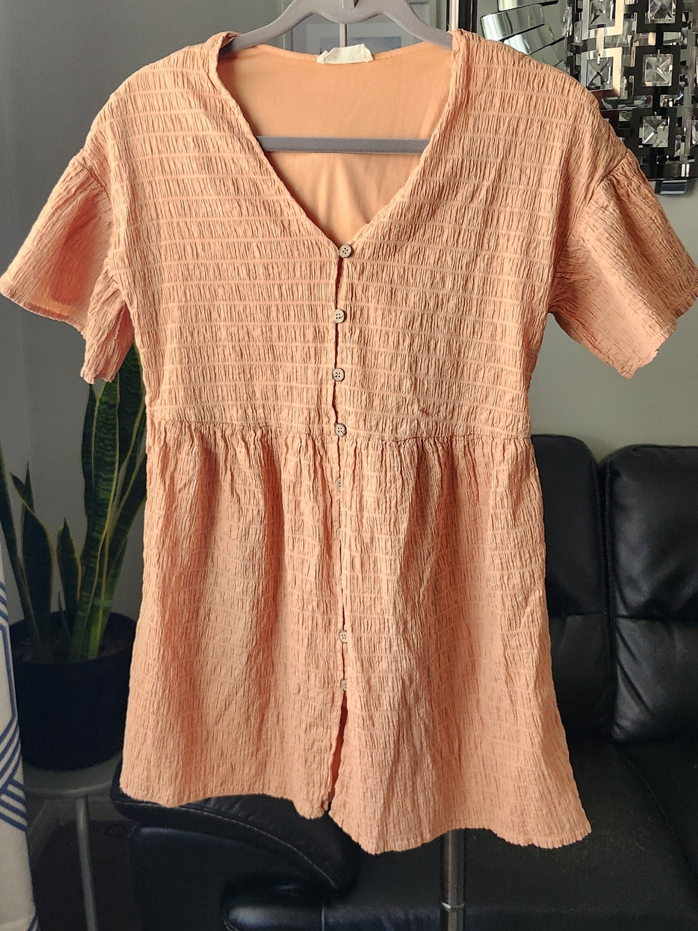 Button-Front Textured Mini Dress - Peach - Picture 2 of 8